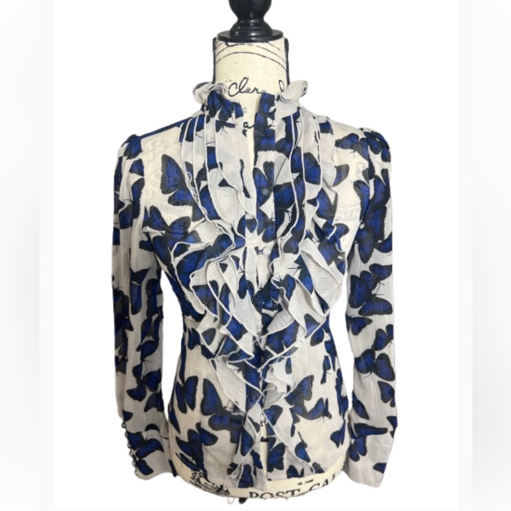 Go International Chic White and Blue Ruffle Longsleeve Butterfly  Top‎ Blouse
